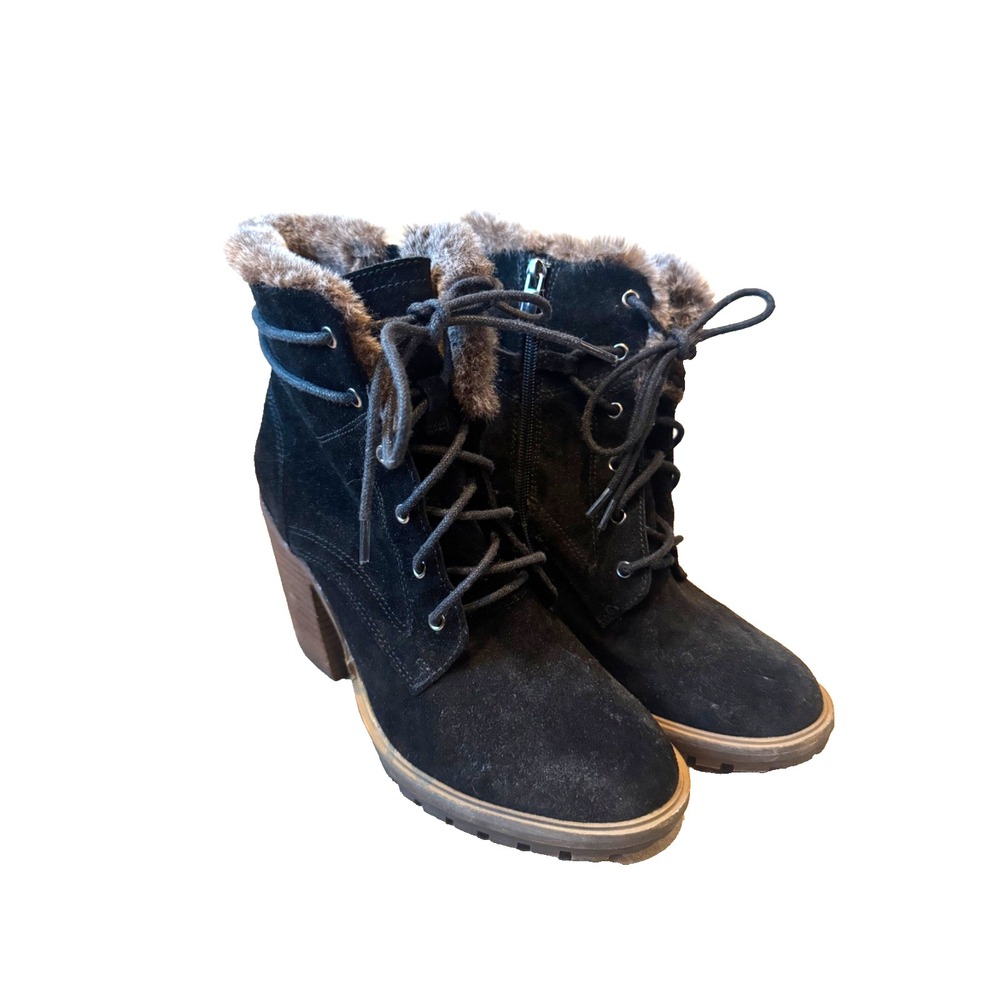 Carmela Women's Heeled Fur Trim Lace Up Black Booties Size 39‎ (8) New!